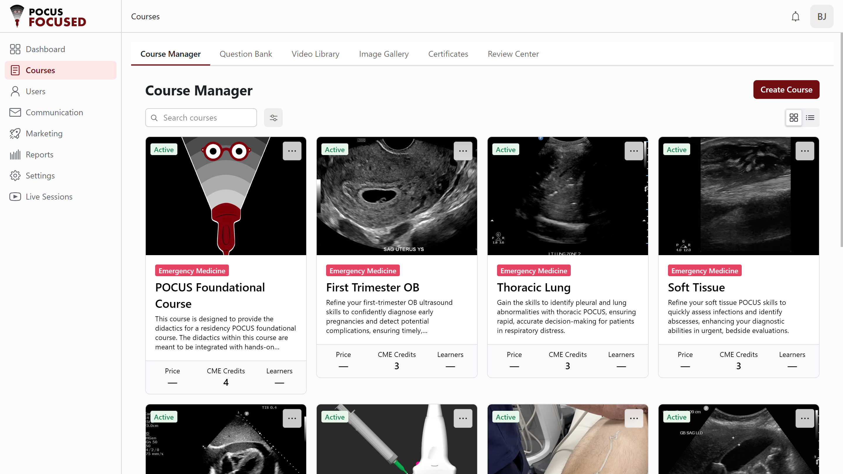 Course manager screen of the POCUS Focused learning platform